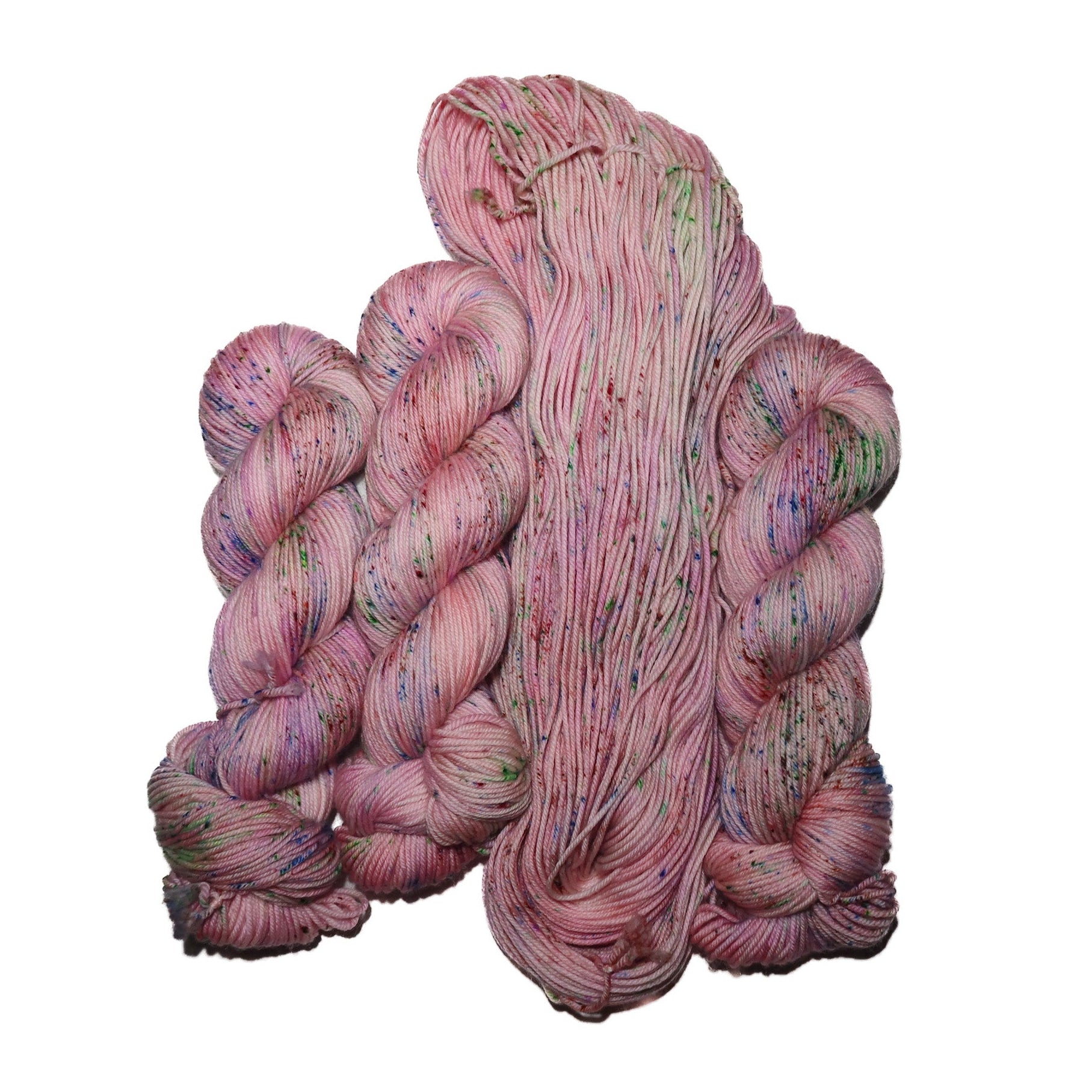 Braided skein of pink yarn with speckles on a white background